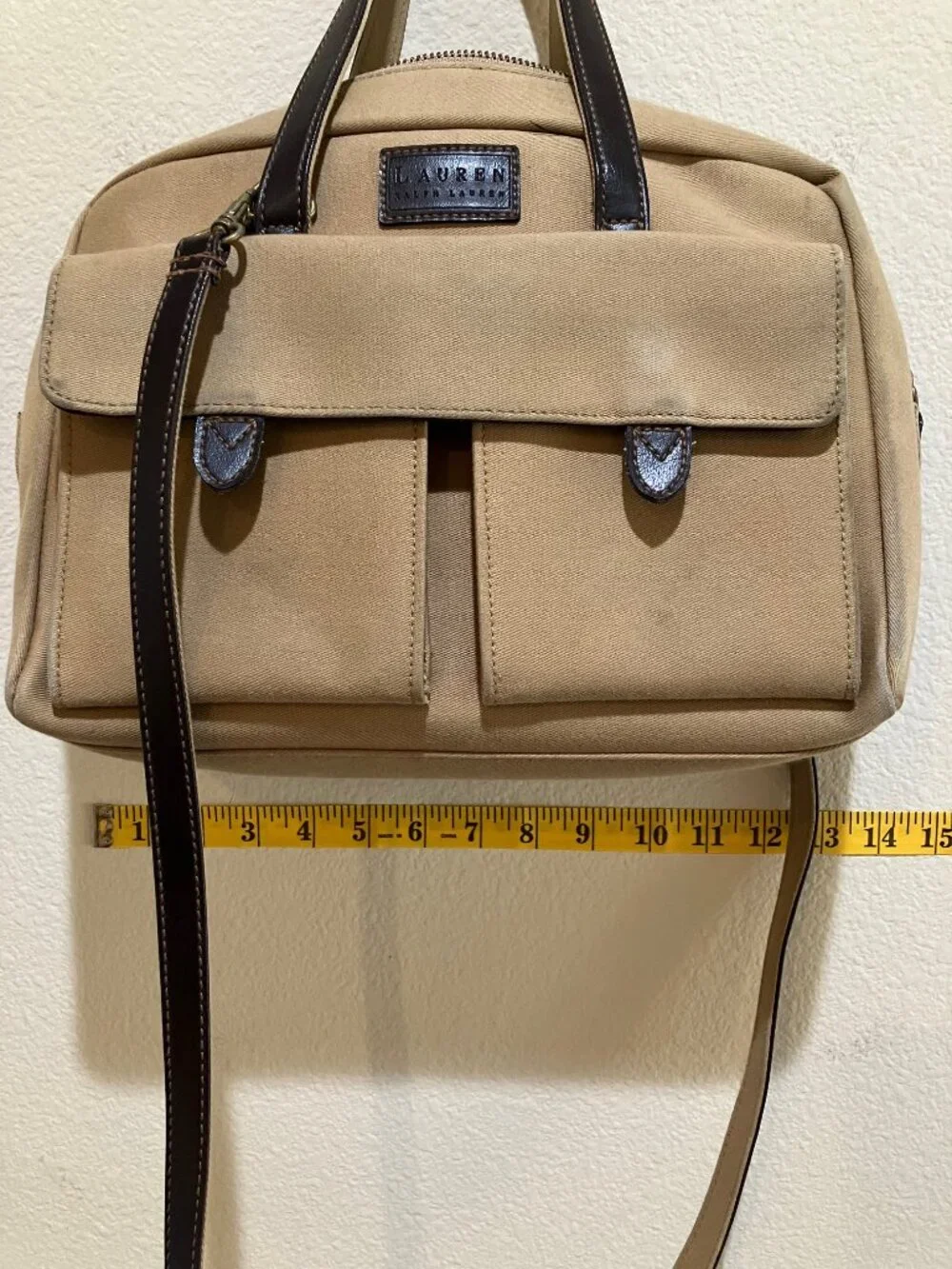 Lauren Ralph Lauren Vintage Canvas Leather Shoulder Satchel Tote Bag Beige Brown